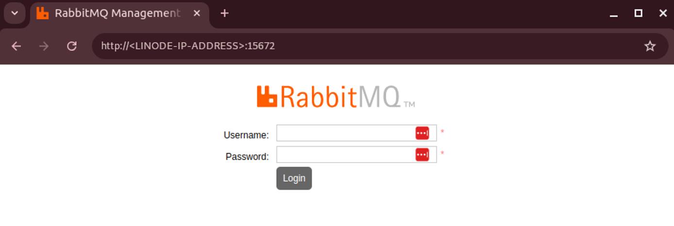Web browser accessing RabbitMQ management interface via port 15672 on a Linode Compute Instance. Web browser accessing RabbitMQ management interface via port 15672 on a Linode Compute Instance.