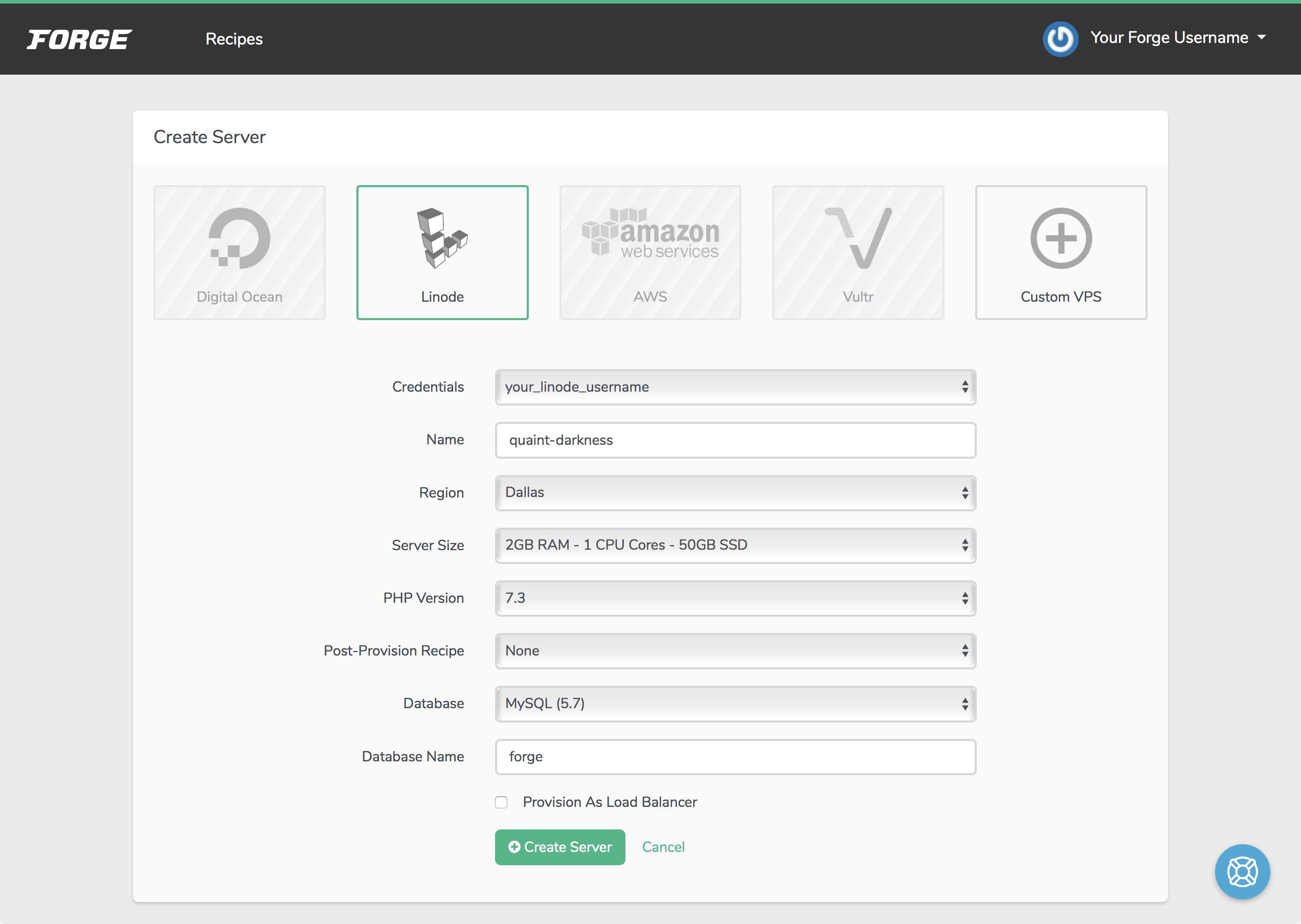 The form for creating a server in Forge Create a Server